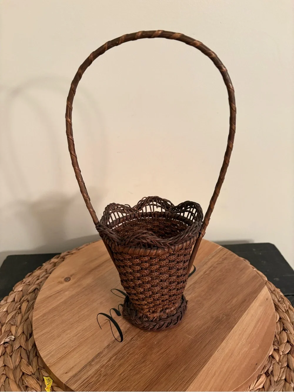 Antique Handwoven Dark  Brown Decorative Basket with Tall Handle